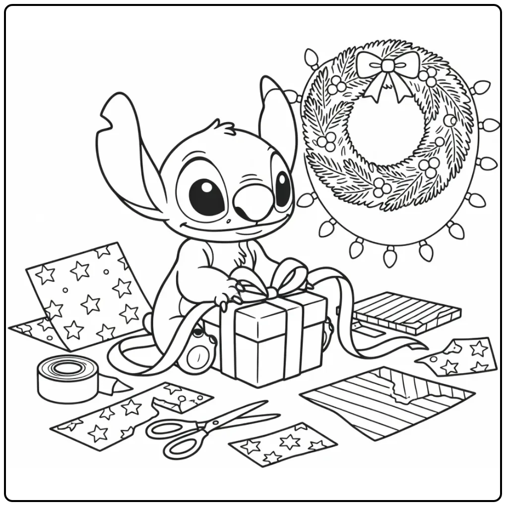 Leuke stitch kerst kleurplaat waar hij een cadeau inpakt.
