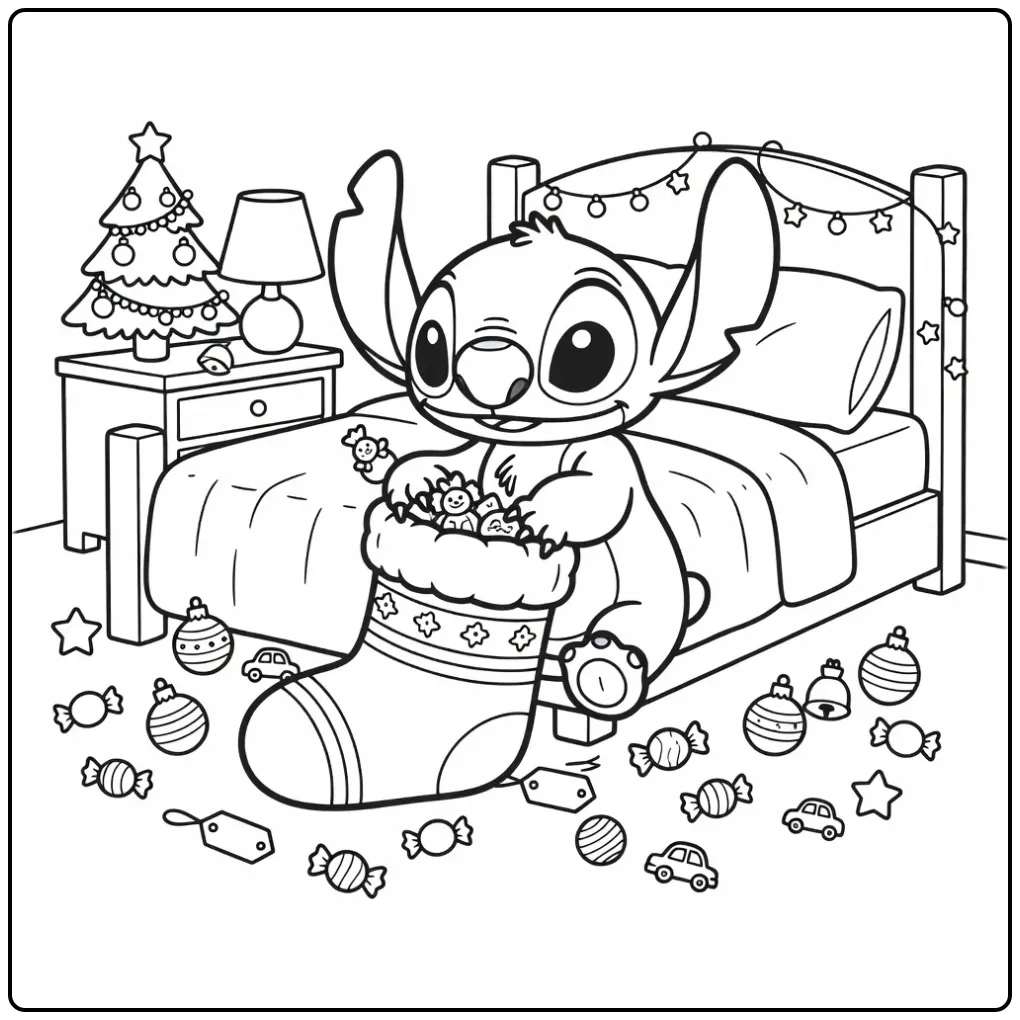 Schattige stitch kerst kleurplaat vult kerstsok met speelgoed