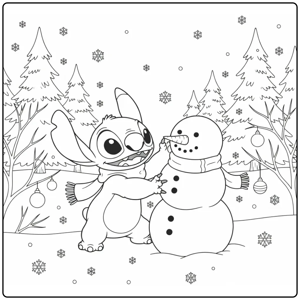 Vrolijke stitch kerst kleurplaat waar hij een sneeuwpop bouwt.