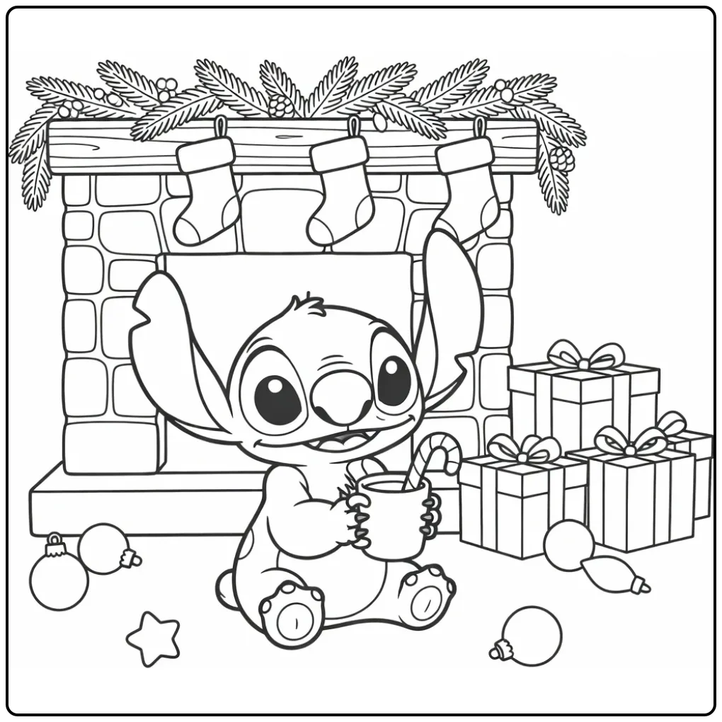 Cute stitch kerst kleurplaat bij de open haard met cadeaus.
