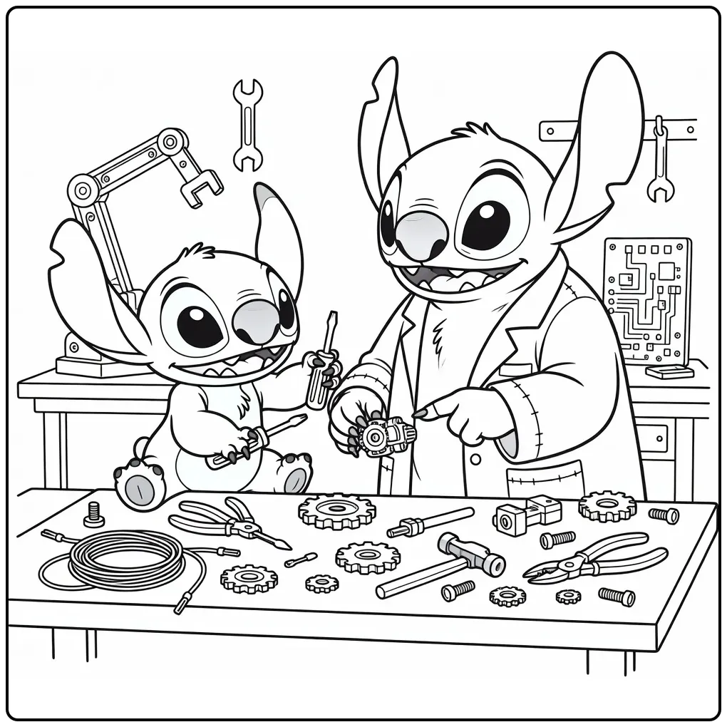 Stitch kleurplaat met Jumba in een rommelige werkplaats.