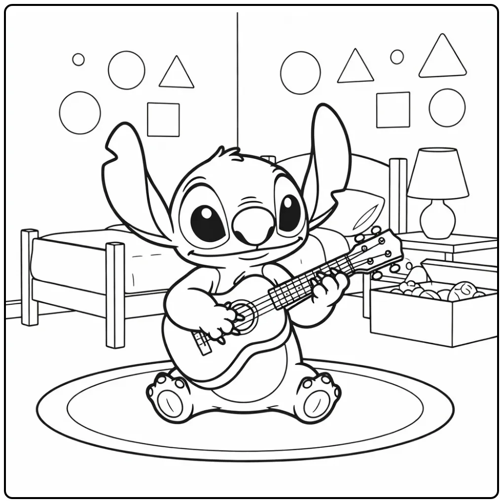 Stitch kleurplaat spelend op ukelele in zijn slaapkamer.