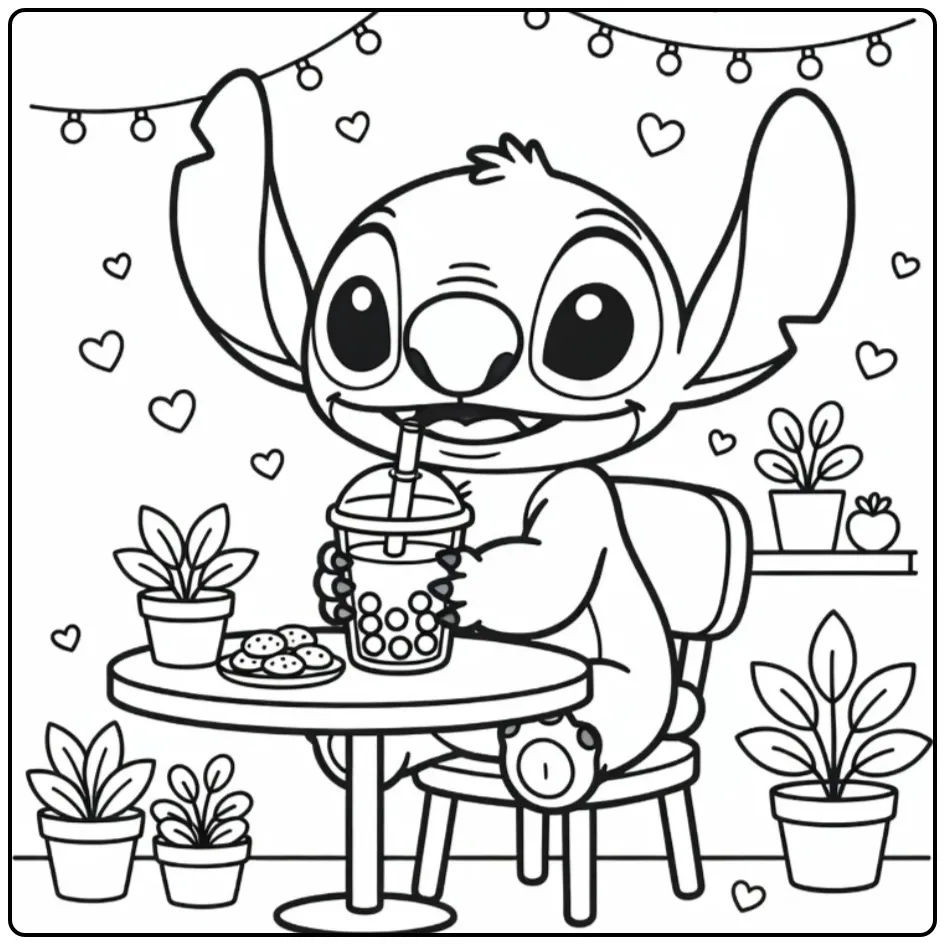 Een stitch kleurplaat schattig met bubble tea en koekjes.
