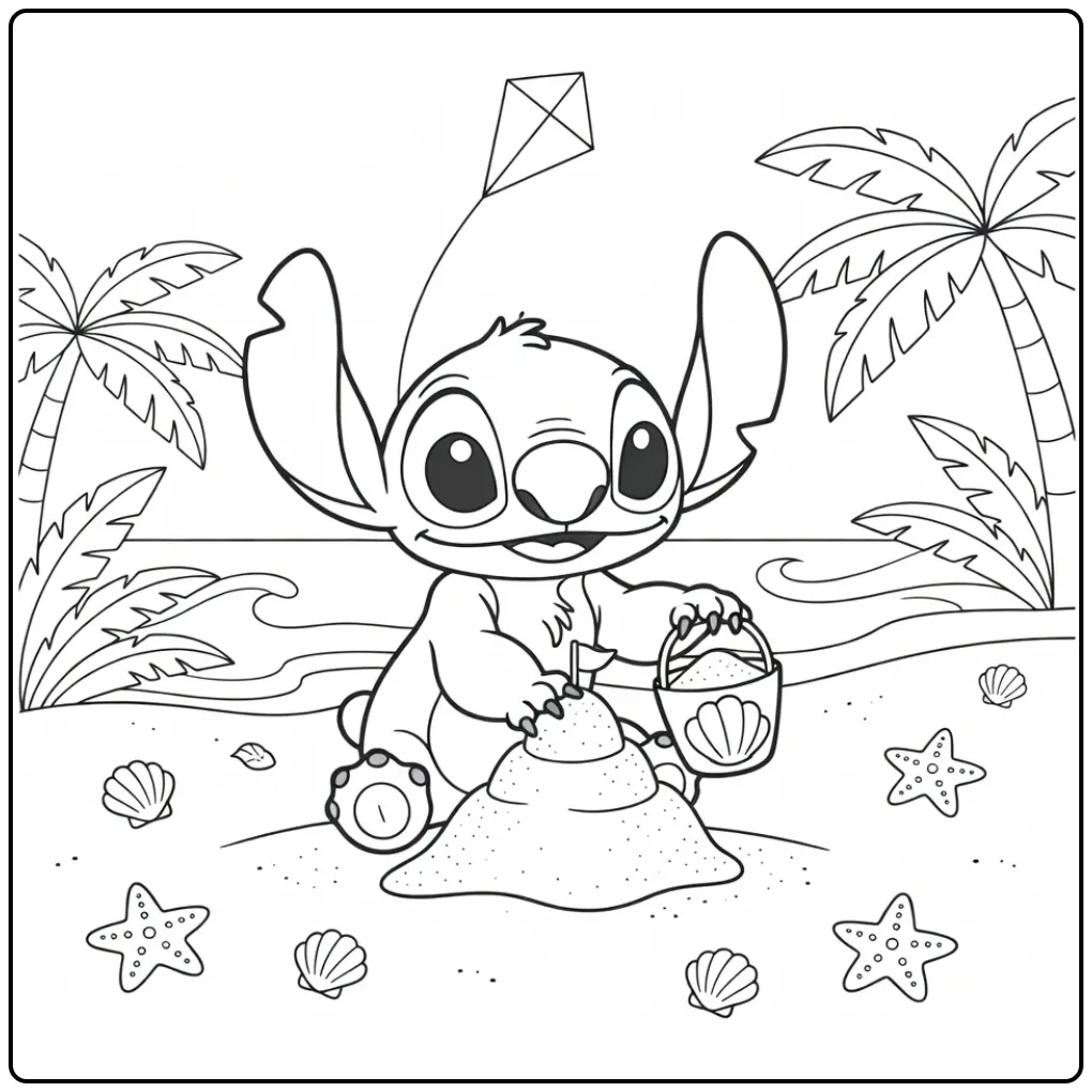 Stitch kleurplaat schattig op het strand met een zandkasteel