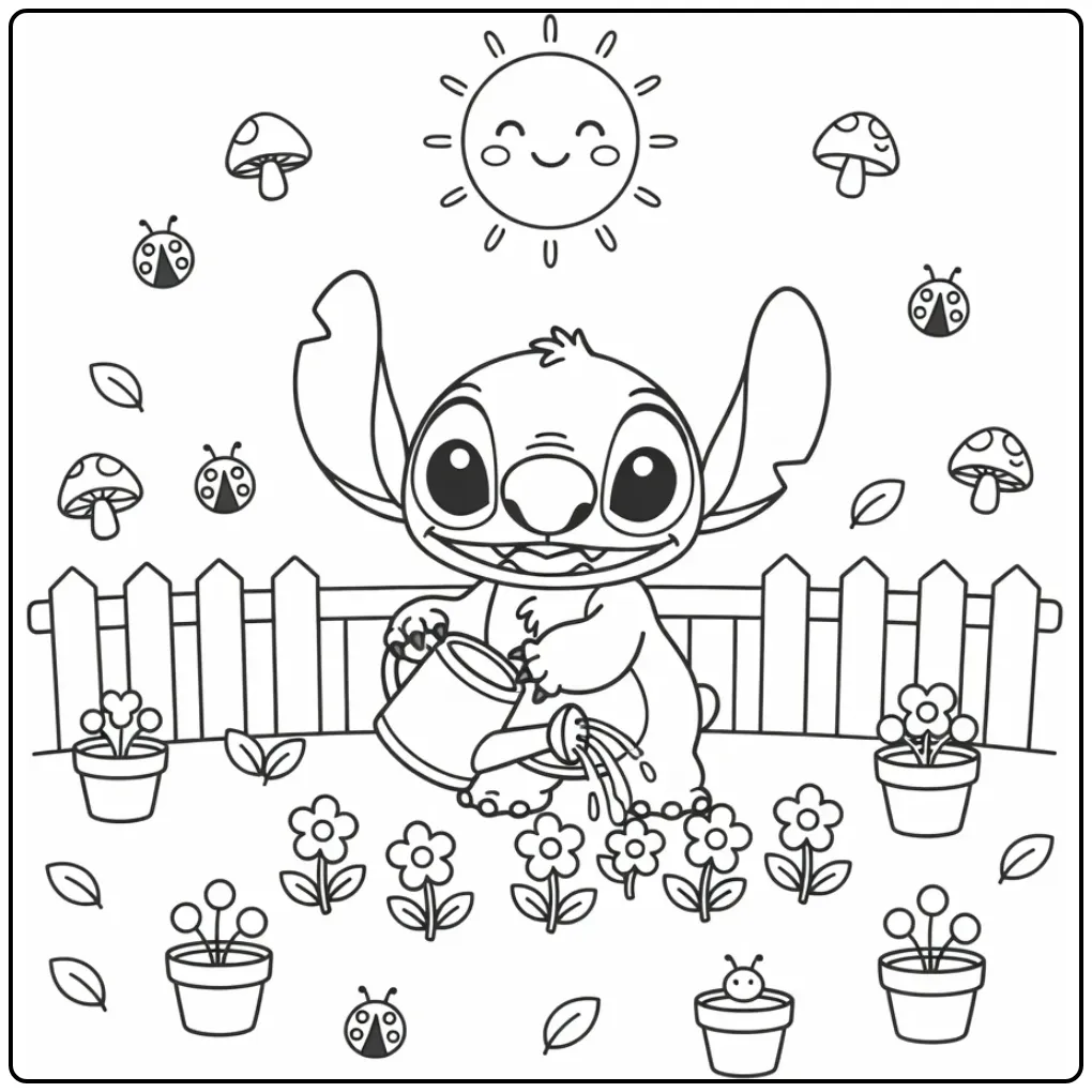 Stitch kleurplaat schattig met bloemen en een kleine gieter.
