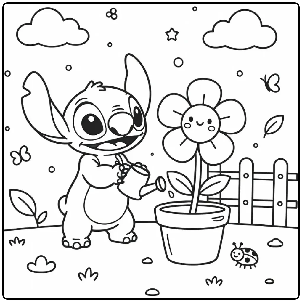 Een stitch kleurplaat schattig makkelijk met bloempot.