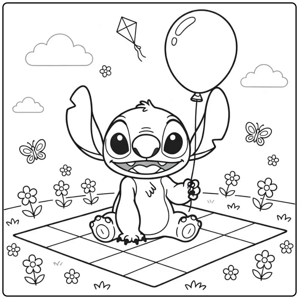 Leuke stitch kleurplaat schattig makkelijk met ballon in park.
