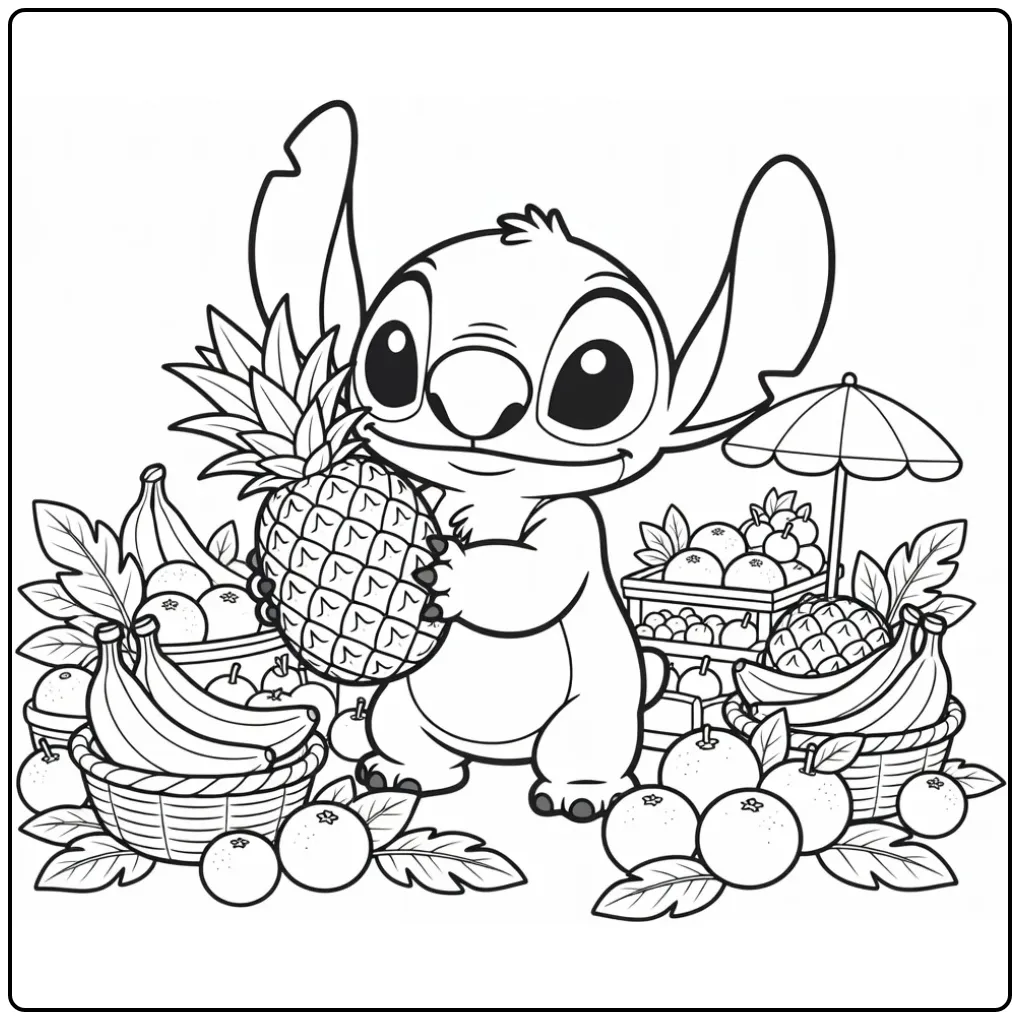 Een stitch kleurplaat schattig op de fruitmarkt met ananas.