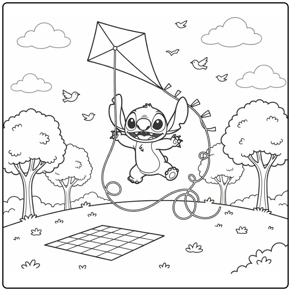 Leuke stitch kleurplaat schattig vliegerend in het park