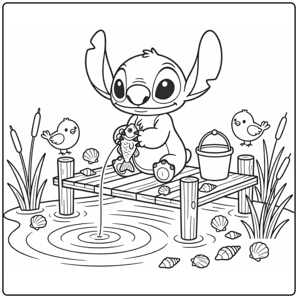 Een stitch kleurplaat schattig waar hij een visje vrijlaat.