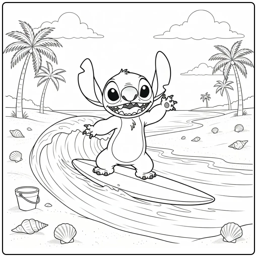 Stitch kleurplaat waar hij surft op een tropische golf.
