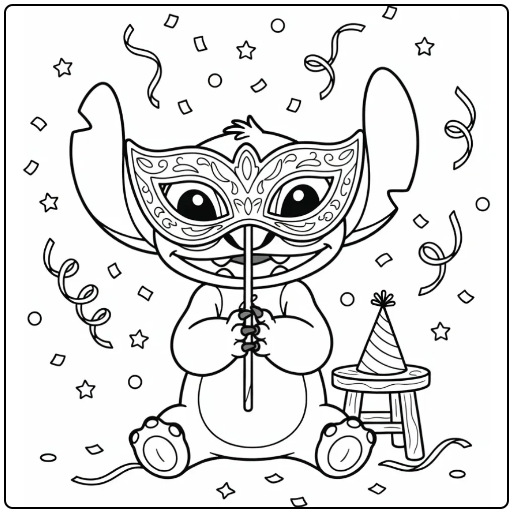 Vrolijke stitch masker kleurplaat met feestelijke confetti.