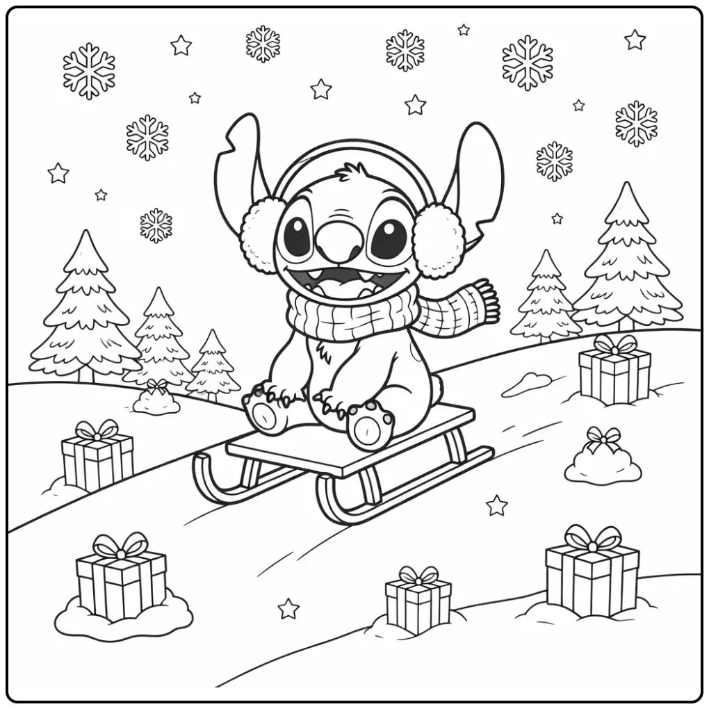 Stitch met oorbeschermers op een slee stitch kerst kleurplaat