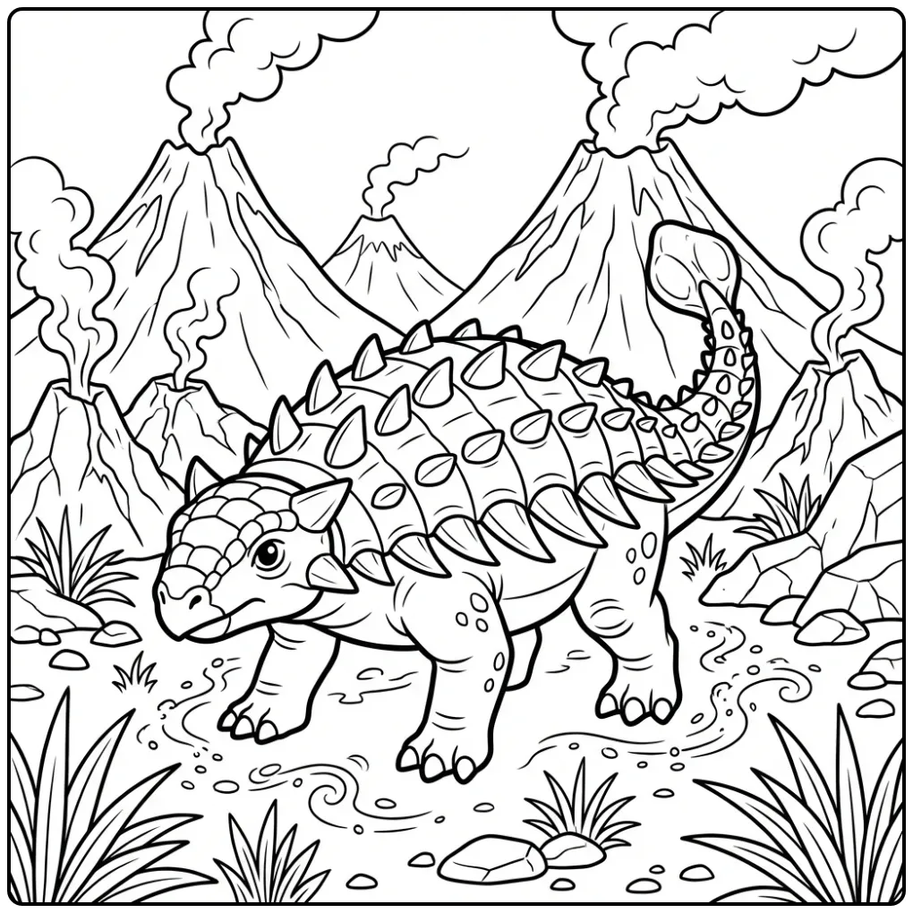 Een gedetailleerde ankylosaurus kleurplaat met vulkaan.