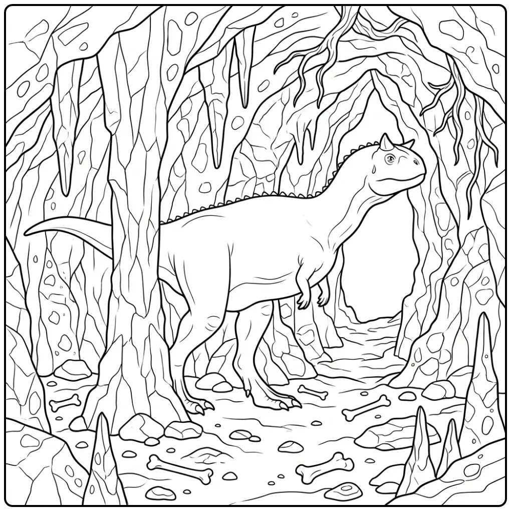 Spannende carnotaurus kleurplaat met stalactieten en botten.