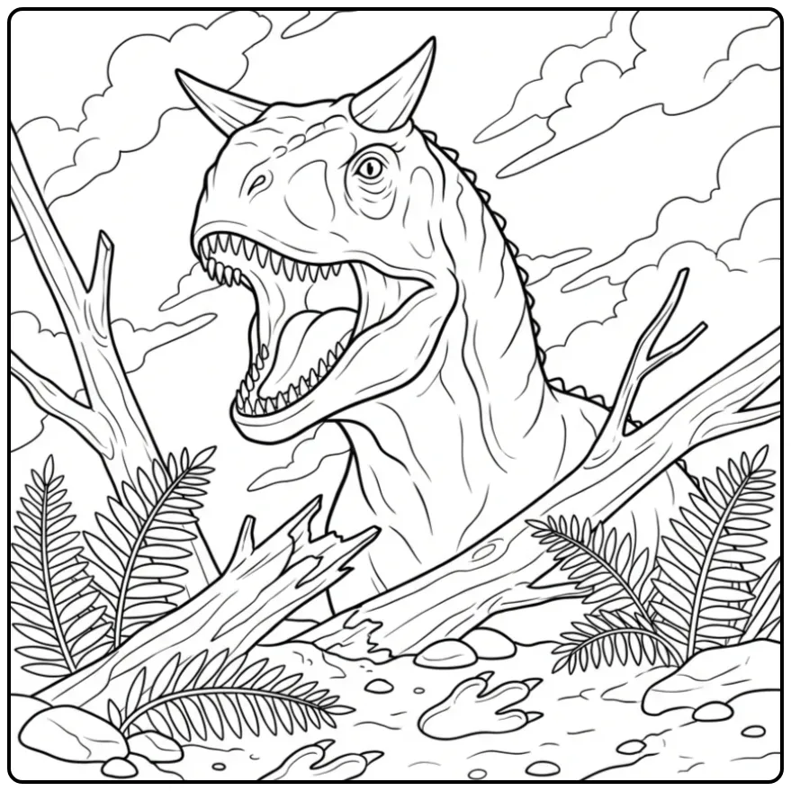 Brullende carnotaurus kleurplaat met hoorns en varens.