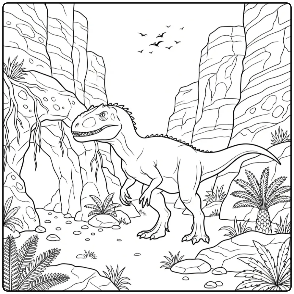 Een gedetailleerde indominus rex kleurplaat in een canyon.