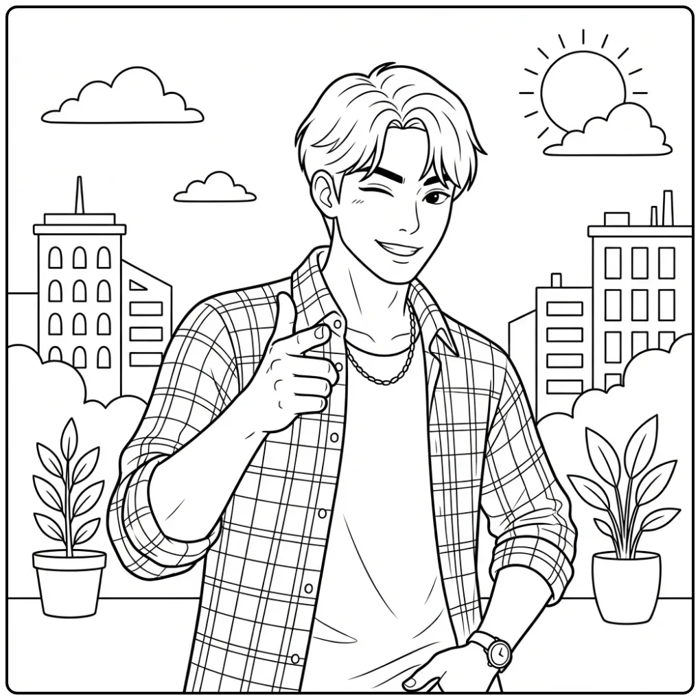 Jinu kpop demon hunters kleurplaat: man knipoogt en wijst.