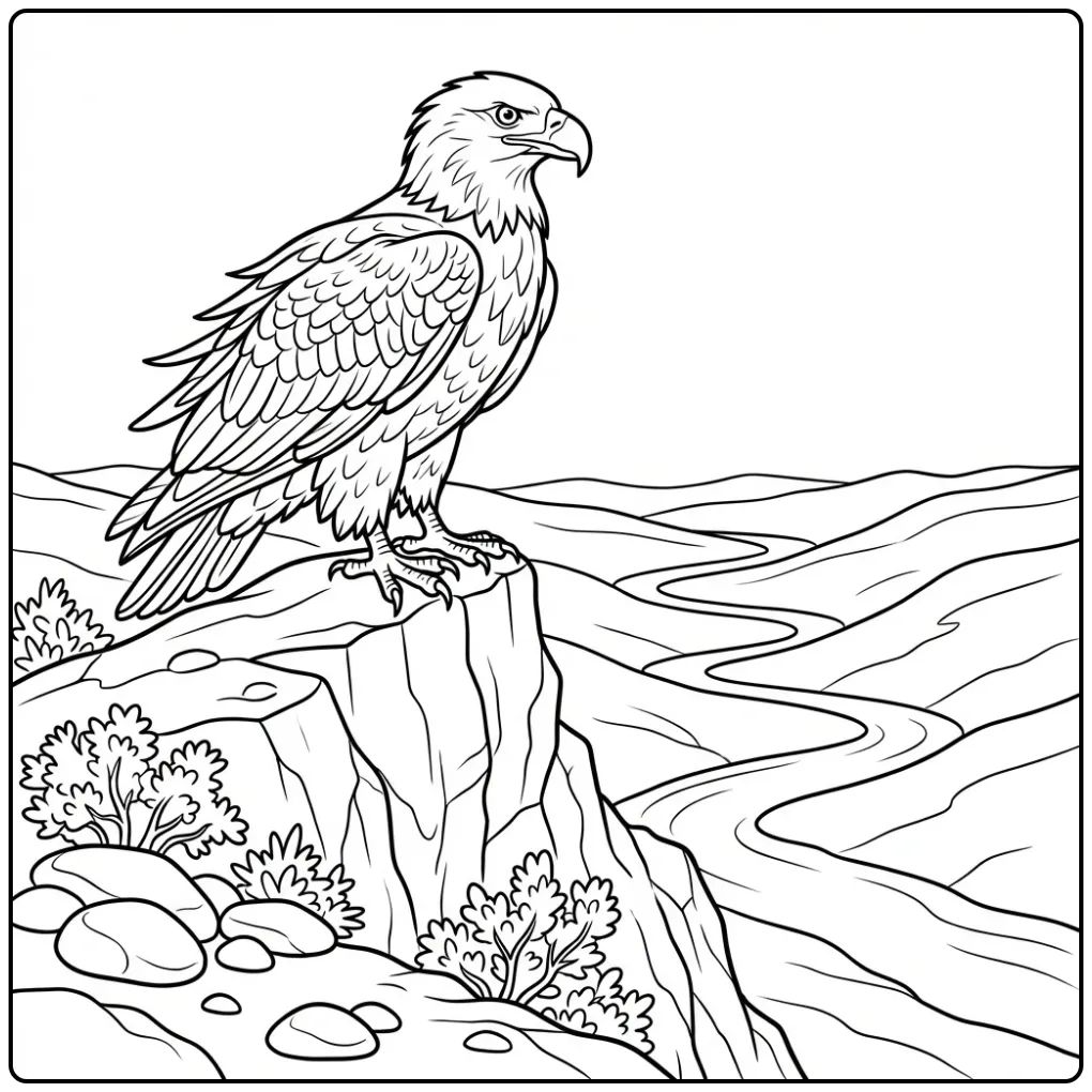 Kleurplaat adelaar zittend op een rotsige klifrand.