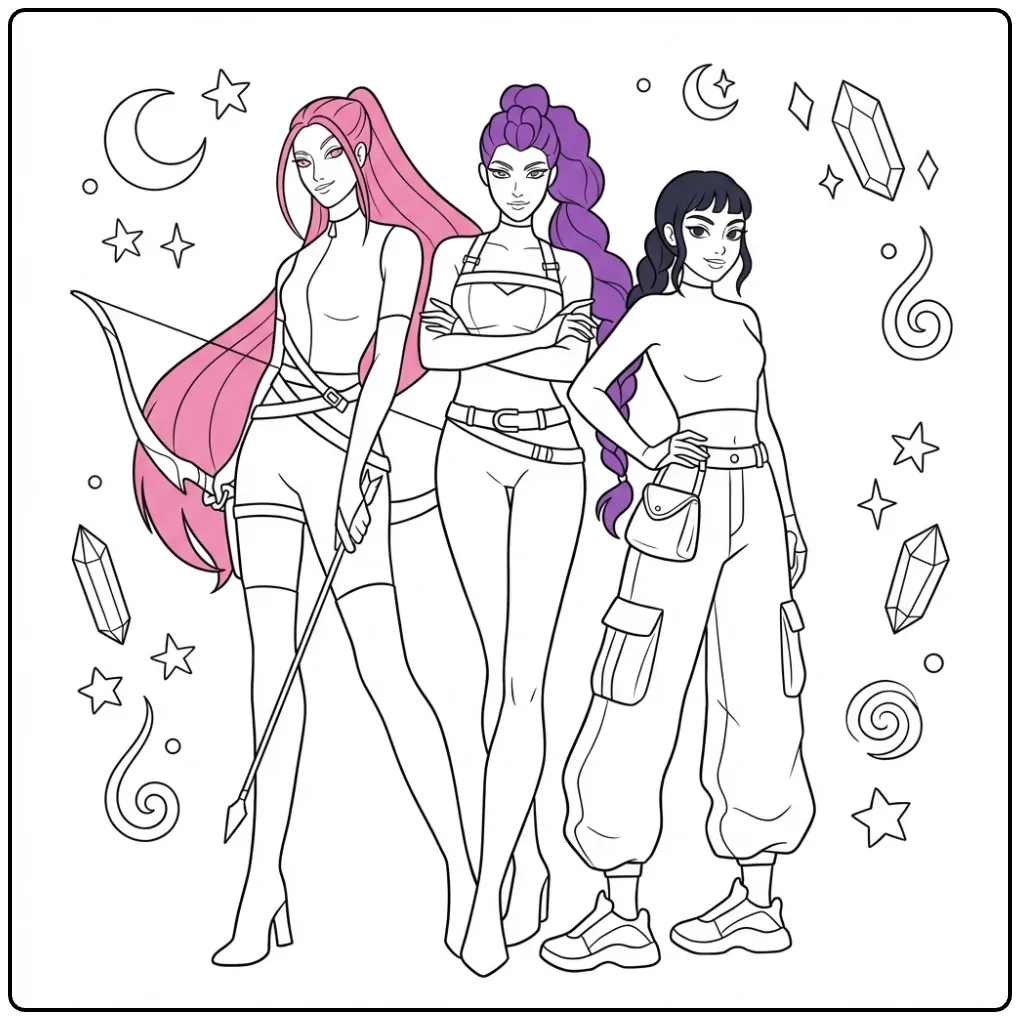 Kleurplaat kpop demon hunters: drie meiden met boog en magie.