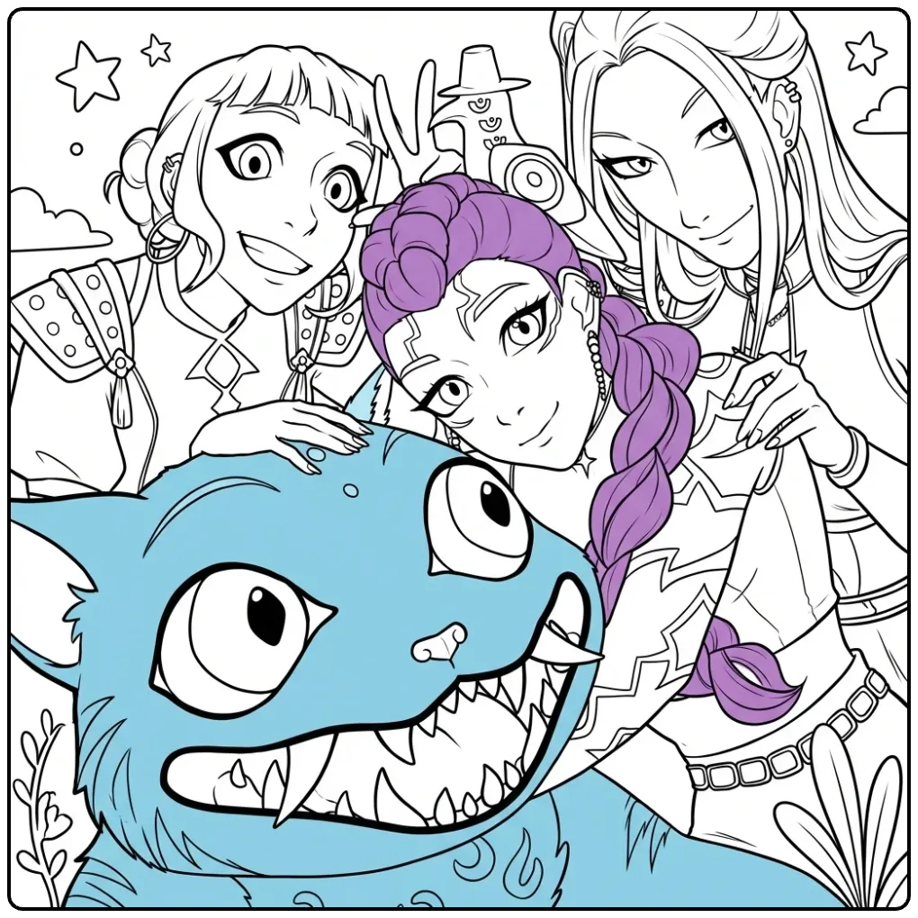 Kleurplaat kpop demon hunters met een groot blauw monster.