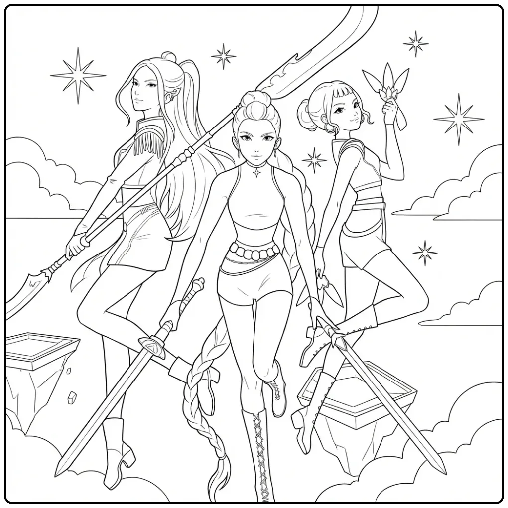 Kleurplaat van drie kpop demon hunters met wapens in de lucht.