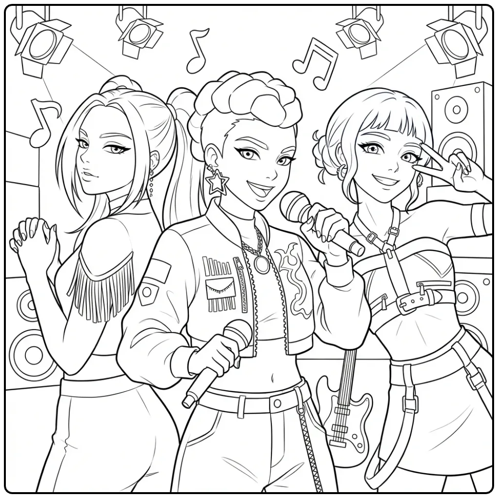 Een kleurplaat kpop demon hunters groep op een podium.