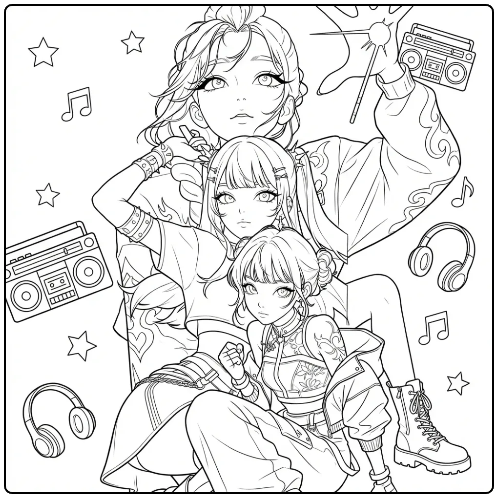 Kleurplaat kpop demon hunters drie meiden met muziek.