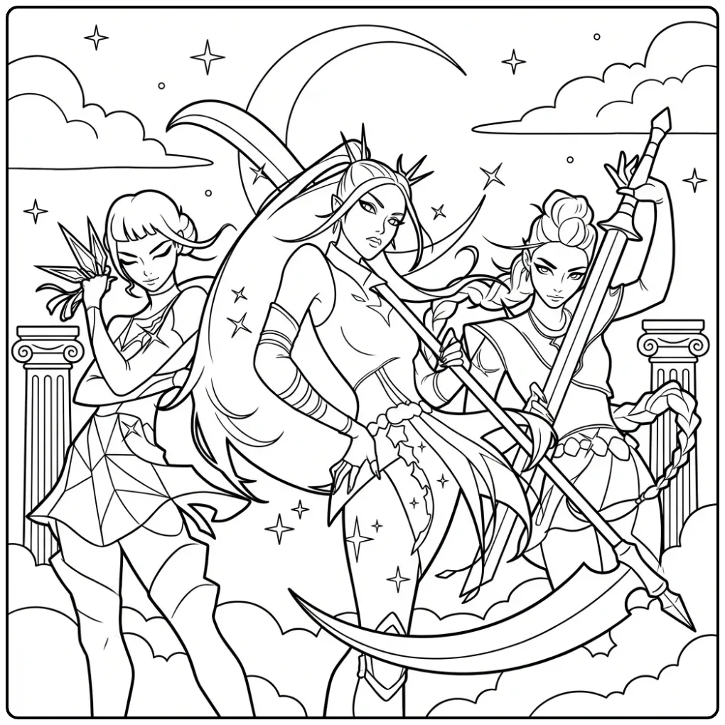 Kleurplaat kpop demon hunters: drie vrouwen met wapens en maan.