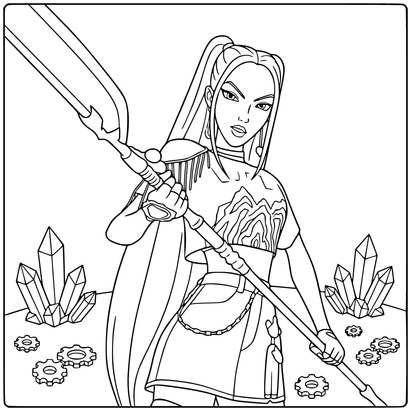 Kleurplaat Kpop Demon Hunters Mira met een grote speer.