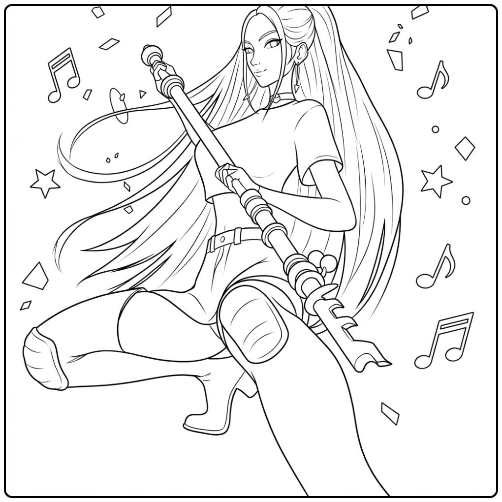 Kleurplaat kpop demon hunters mira in actiepose met staf.