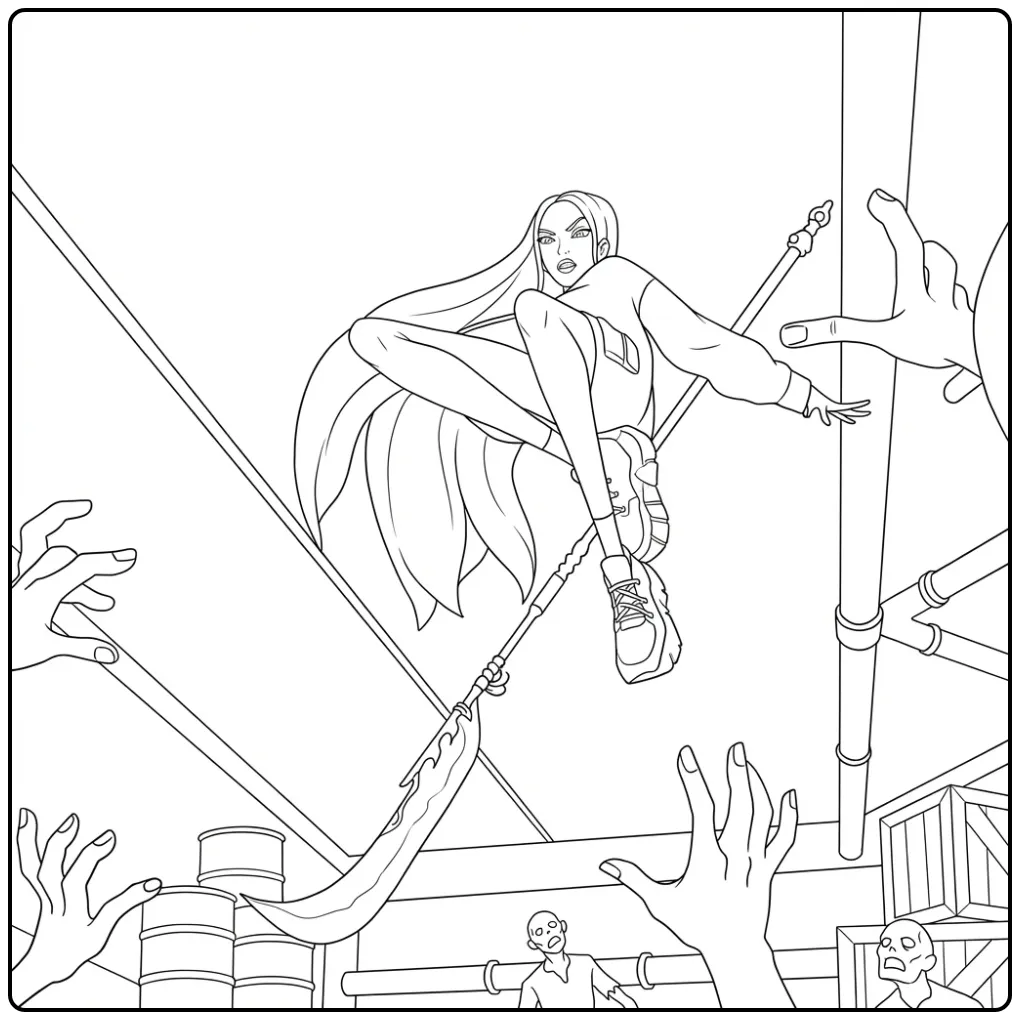 Kleurplaat Kpop Demon Hunters Mira in actie tegen zombies.