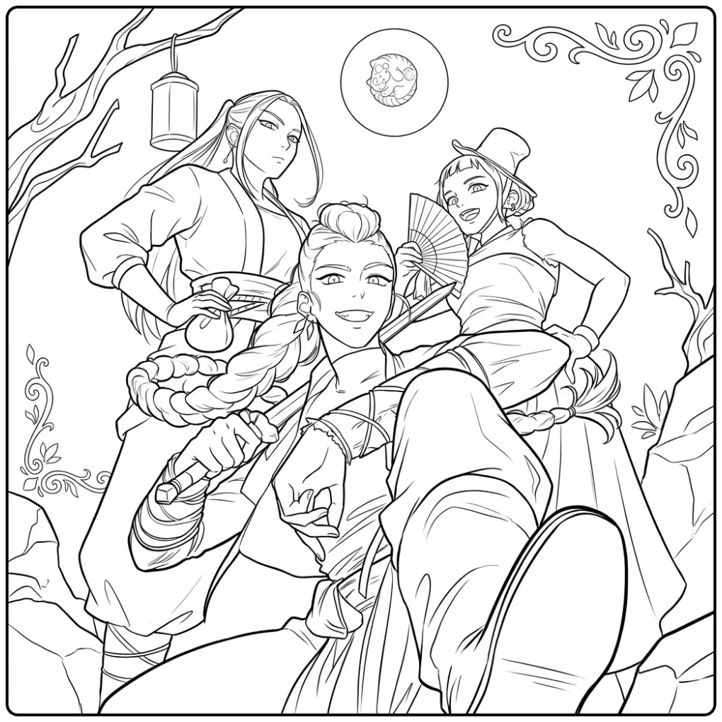 Kleurplaat kpop demon hunters trio in een bos 's nachts.