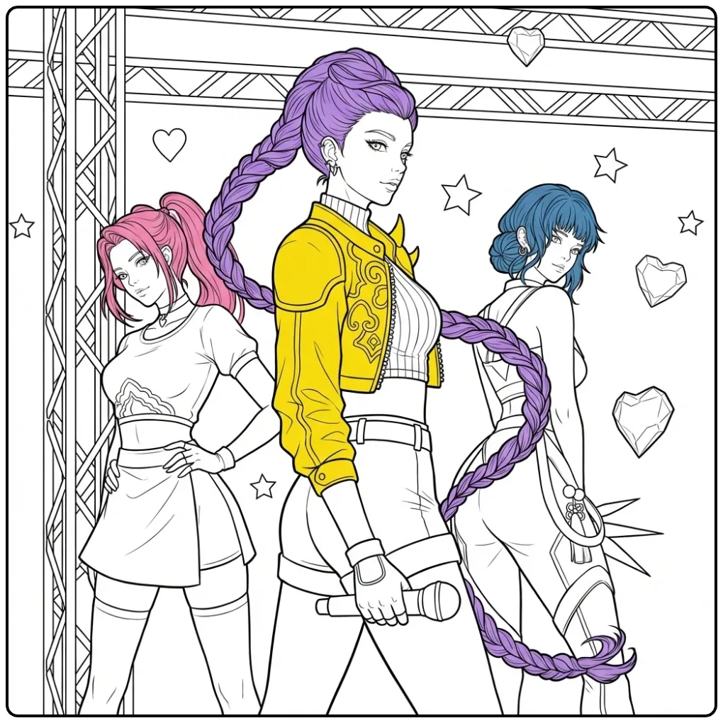 Kleurplaat kpop demon hunters, drie vrouwen op een podium.