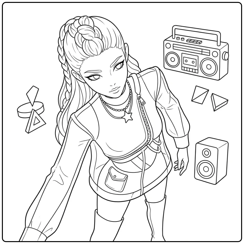 Kleurplaat kpop demon hunters rumi: stoer meisje en muziek.