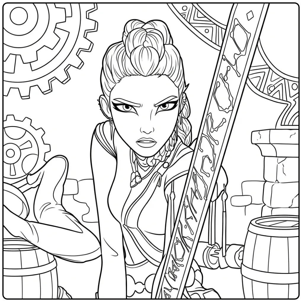 Kleurplaat kpop demon hunters rumi met stoere krijger en tandwielen.