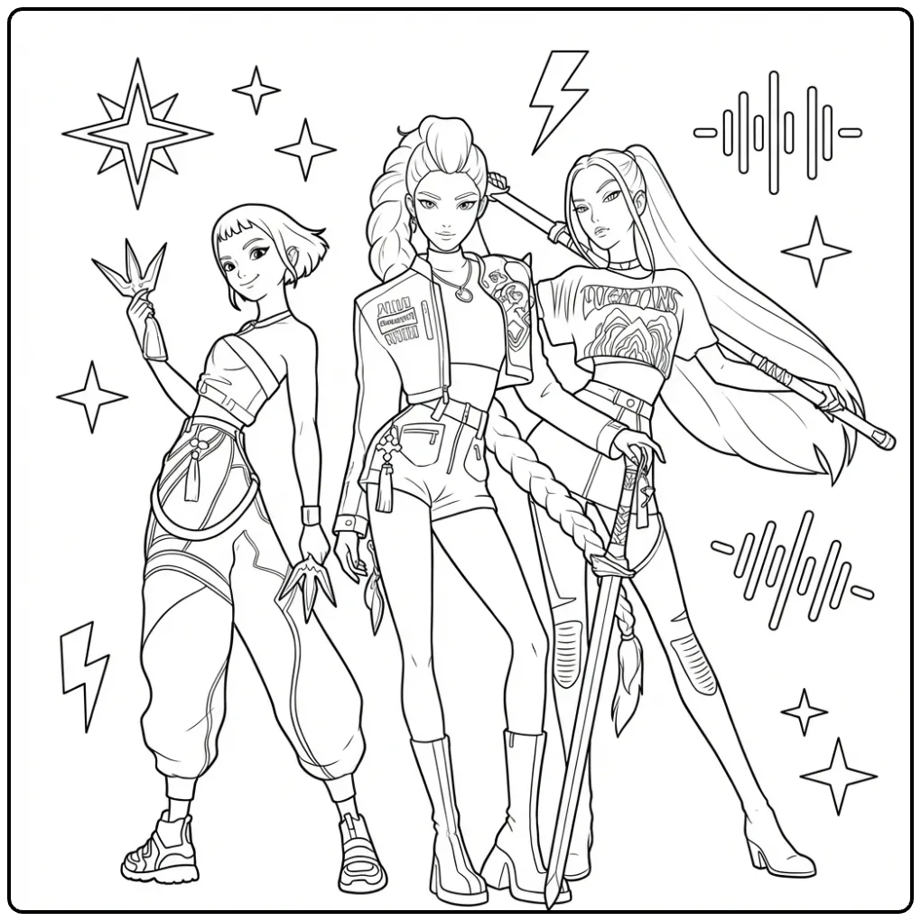 Kleurplaat kpop demon hunters met drie meiden en wapens.