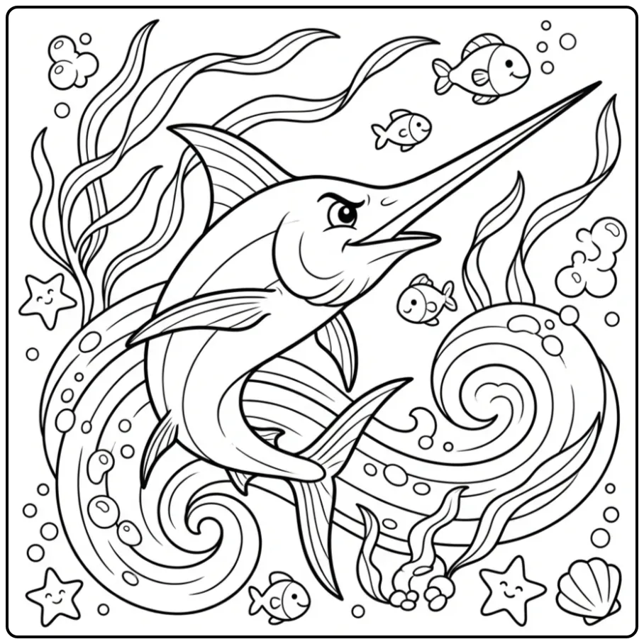 Snelle zwaardvis kleurplaat vis in superhelden pose.