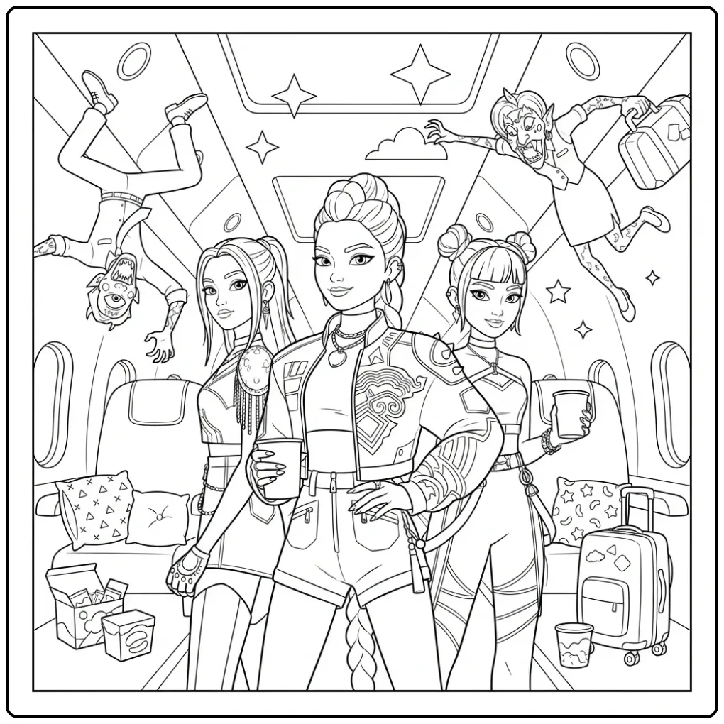 Kpop demon hunters kleurplaat in een vliegtuig met drie meiden.