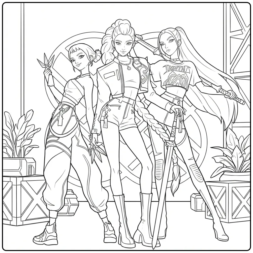 Kpop demon hunters kleurplaat: drie stoere meiden met wapens.