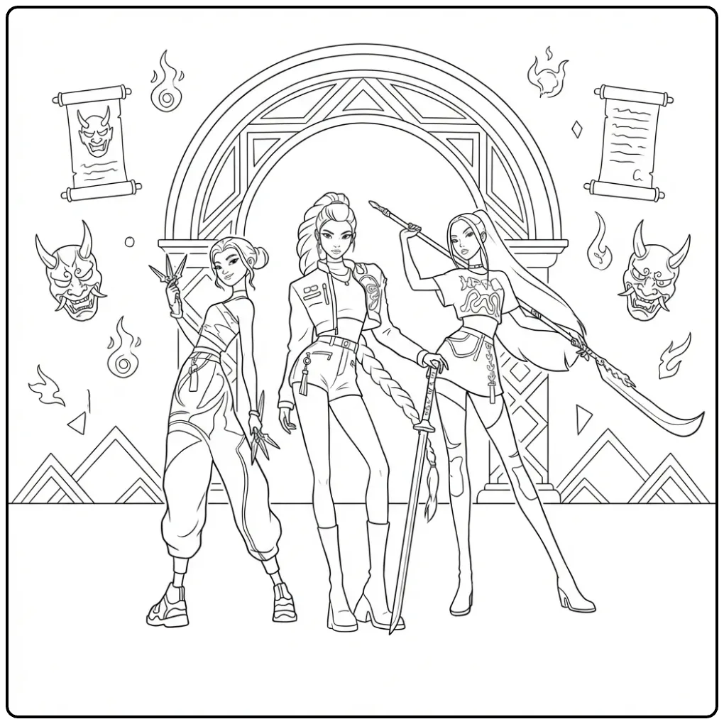 Drie meiden als kpop demon hunters kleurplaat met wapens.