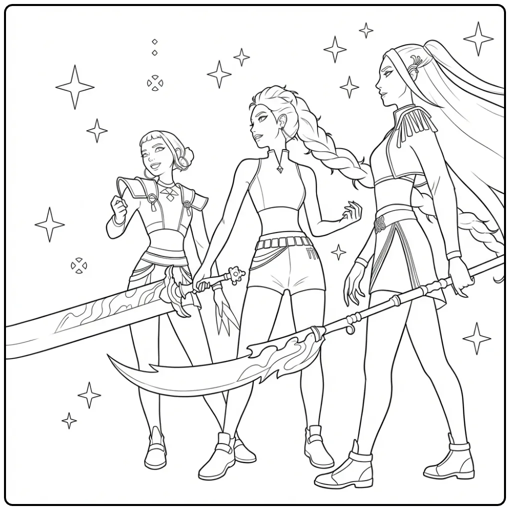 Drie kpop demon hunters kleurplaat met wapens en sterren.