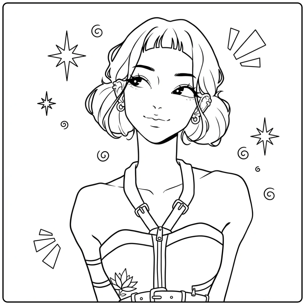 Kpop demon hunters kleurplaat zoey: meisje met riemen.