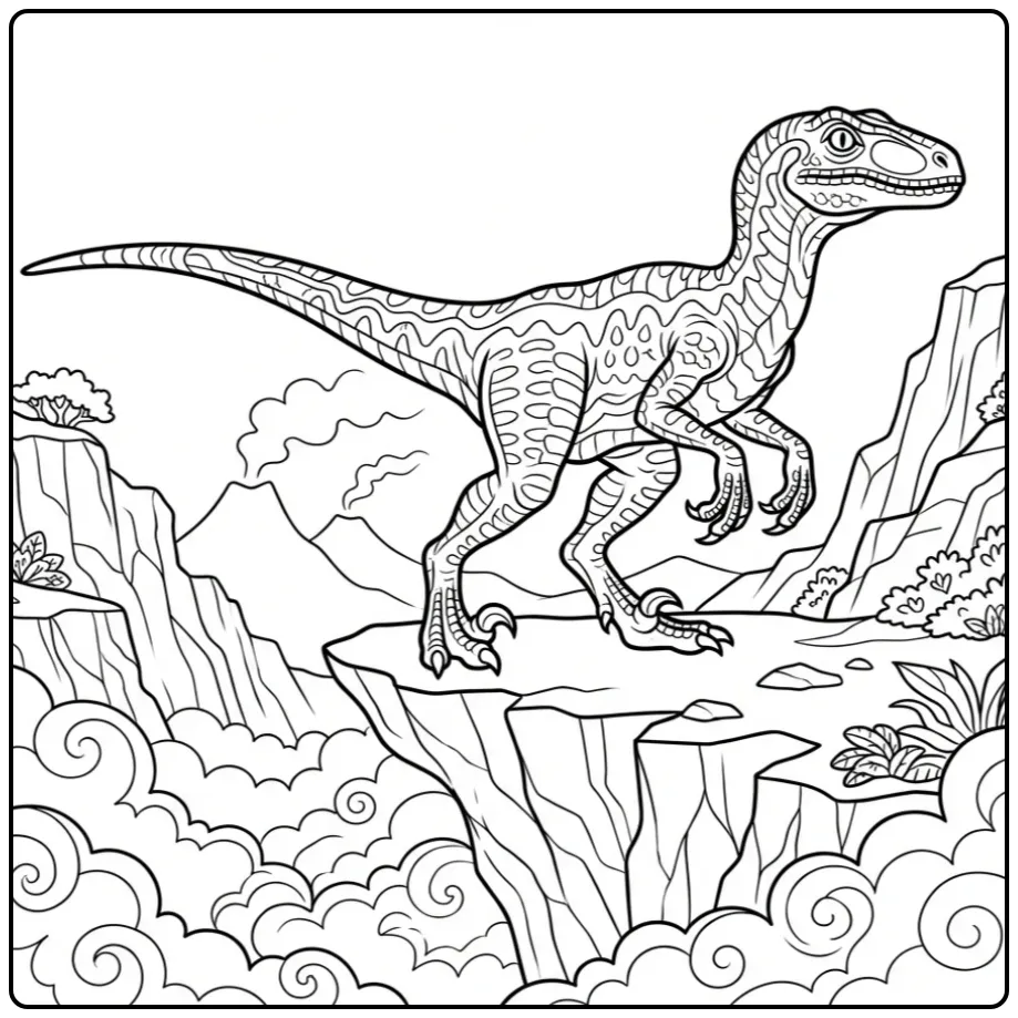 Gedetailleerde raptor kleurplaat op een rots.