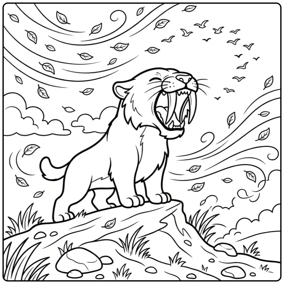 Brullende sabeltandtijger kleurplaat met bladeren en wind