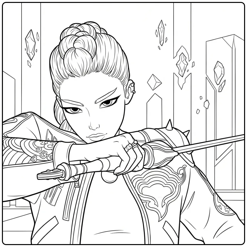 Een kleurplaat kpop demon hunters rumi, met een zwaard in actie.