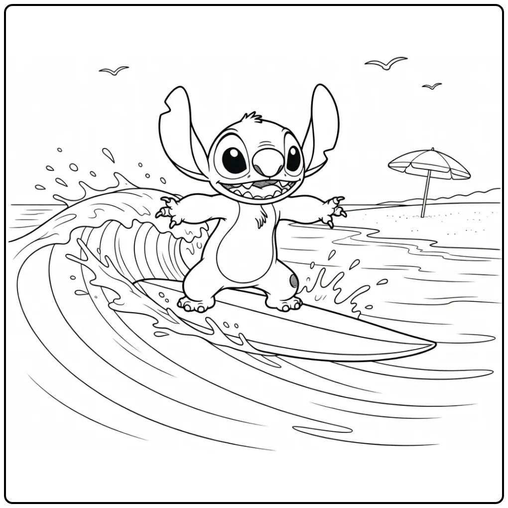 Stitch kleurplaat op een surfboard met spetterende golven