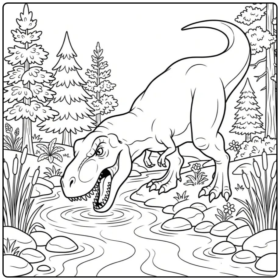Leuke T rex kleurplaat drinkend bij een rivier met bomen.