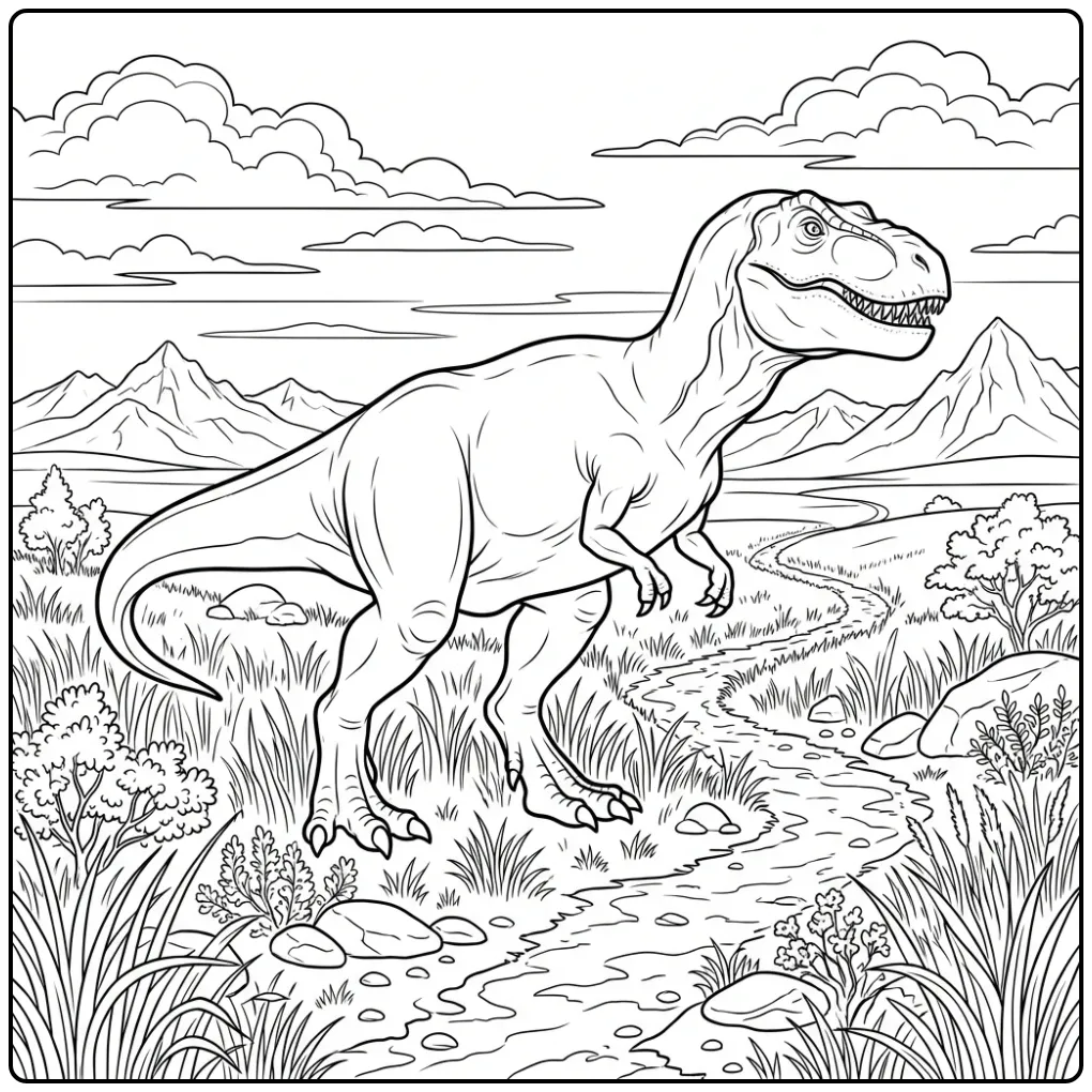 Realistische t rex kleurplaat in een landschap met bergen.