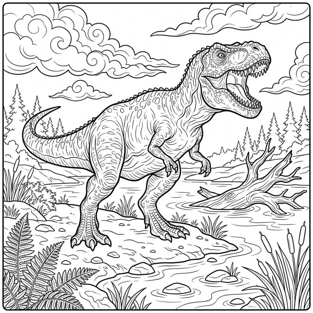 Brullende t rex kleurplaat aan een modderige rivieroever.